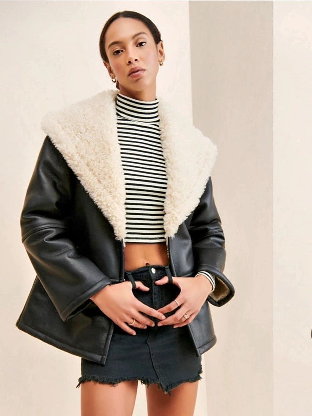 We The Free Faux Shearling Collar Black Leather Coat